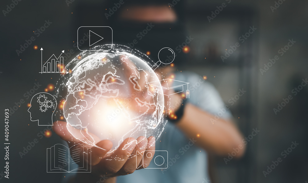 Poster man wearing VR glasses and accessing the Technology Internet, multimedia, Storage Network connection Concept And a large database big data Through internet technology.
