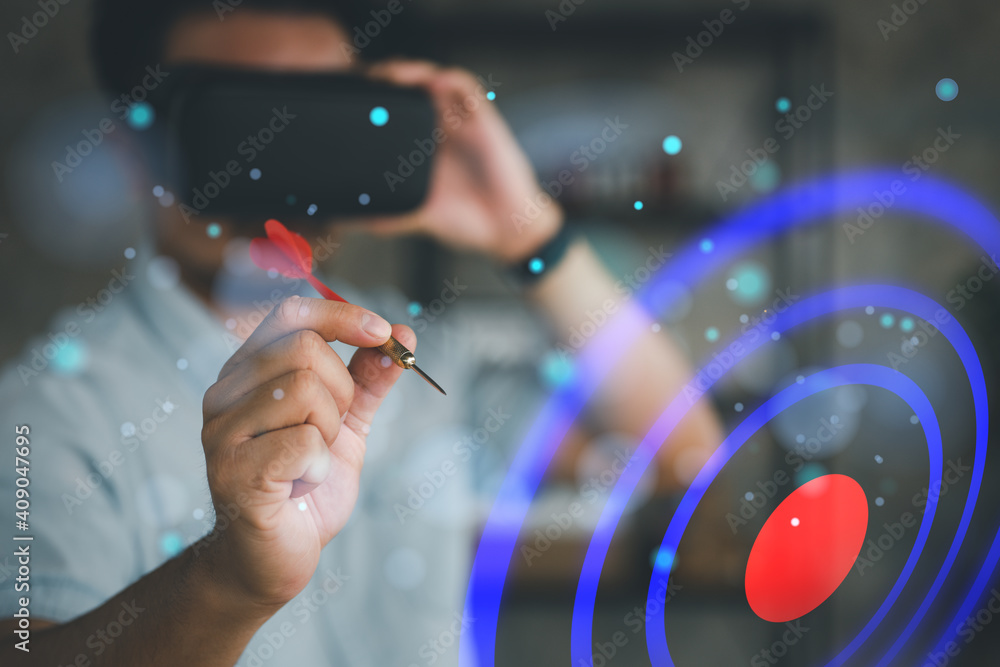 Poster man wearing vr glasses and throwing red arrow dart to virtual target dart board. setup objectives an
