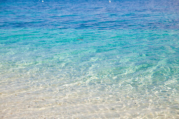 Aerial footage of a perfectly crystal clear blue turquoise water.