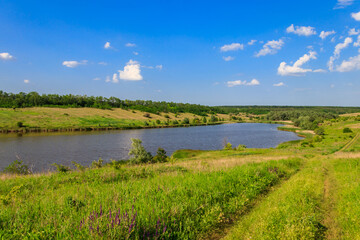 Summer landscape with beautiful lake, green meadows, hills, trees and blue sky