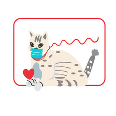 Cute vector cat illustration. Isolated on white. Cat wears a protective mask because of the covid-19 coronavirus pandemic.in love