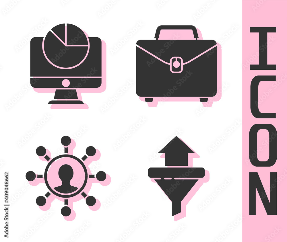Poster set sales funnel with arrows, computer monitor with graph chart, business network and communication 