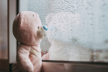 A toy pink sad bear is looking out the window and missing. Autumn rainy day. Raindrops on the window. Close-up