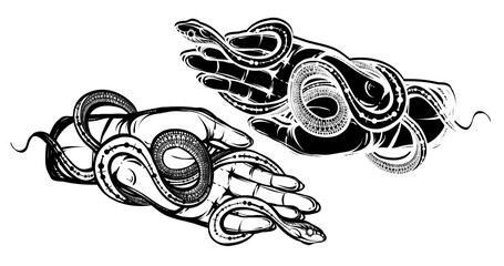 Vector illustration, Snake on hand, Handmade, white background, print on t-shirt, tattoo