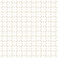 Vector minimalist seamless pattern. White and gold minimal geometric ornament, abstract golden floral background texture. Simple luxury ornate wallpapers with small flower silhouettes. Repeat design