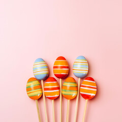Creative flat lay photo of easter eggs on colorful background.