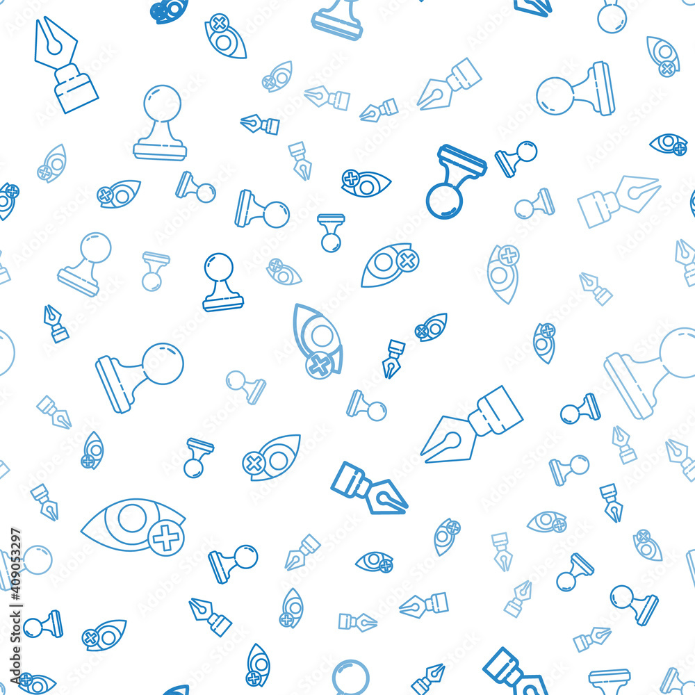 Aufkleber set line red eye effect, fountain pen nib and stamp on seamless pattern. vector.
