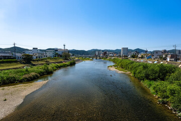 Fototapeta na wymiar 岐阜県多治見市 記念橋から眺める土岐川と多治見の街並み