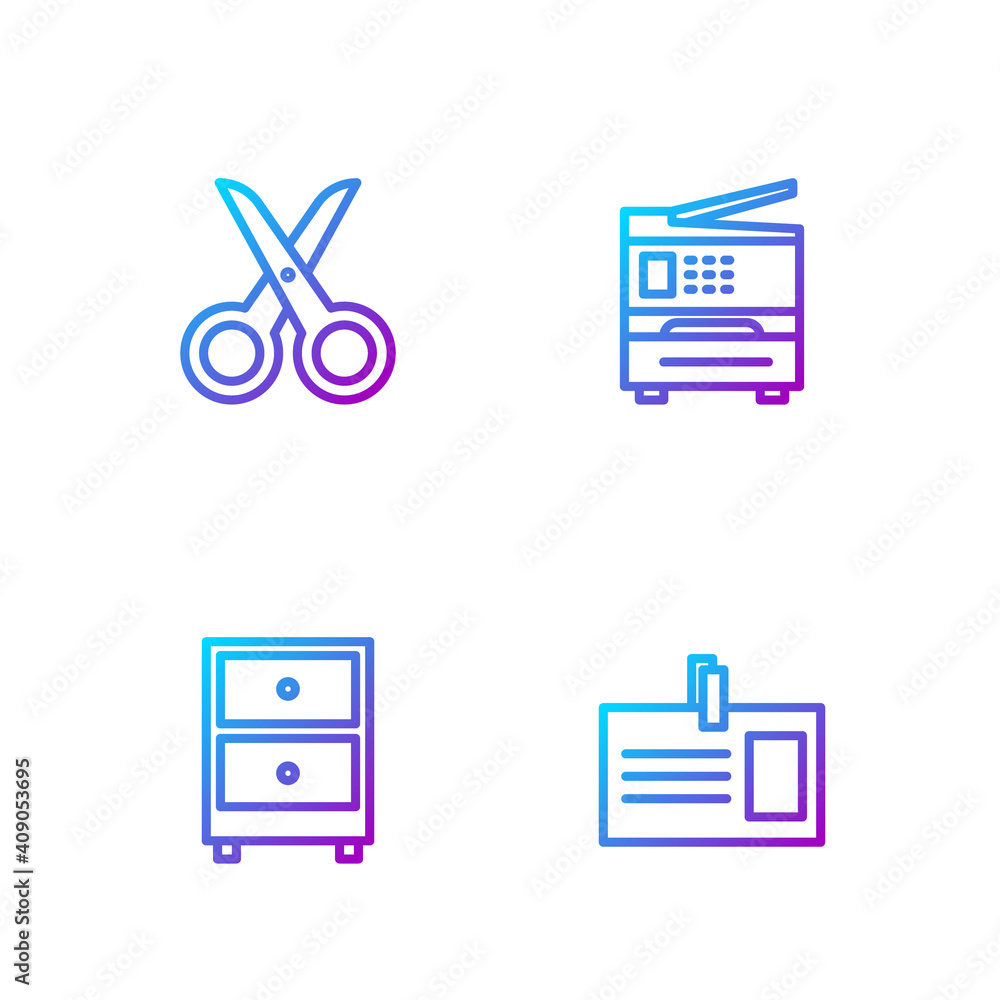 Poster set line identification badge, drawer with documents, scissors and printer. gradient color icons. ve
