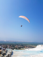 It is the old city of Hierapolis. Pamukkale is on the UNESCO World Heritage List. Carbonate minerals from the city spas and flowing waters cover terraces and travertines.