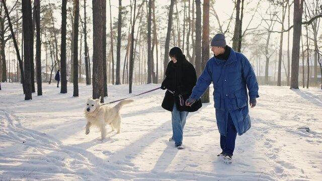 Loving couple is on the walk in the winter forest with a dog. Sunny day, perfect weather, winter activity