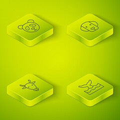 Set Isometric Dog, Cow head, Whale tail in ocean wave and Cute panda face icon. Vector. © Vadim