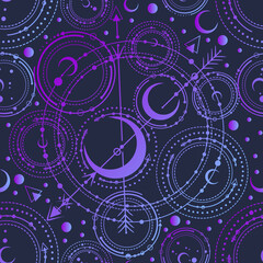 Vector illustration, astronomical geometry, moon, stars, Handmade, seamless pattern, violet background
