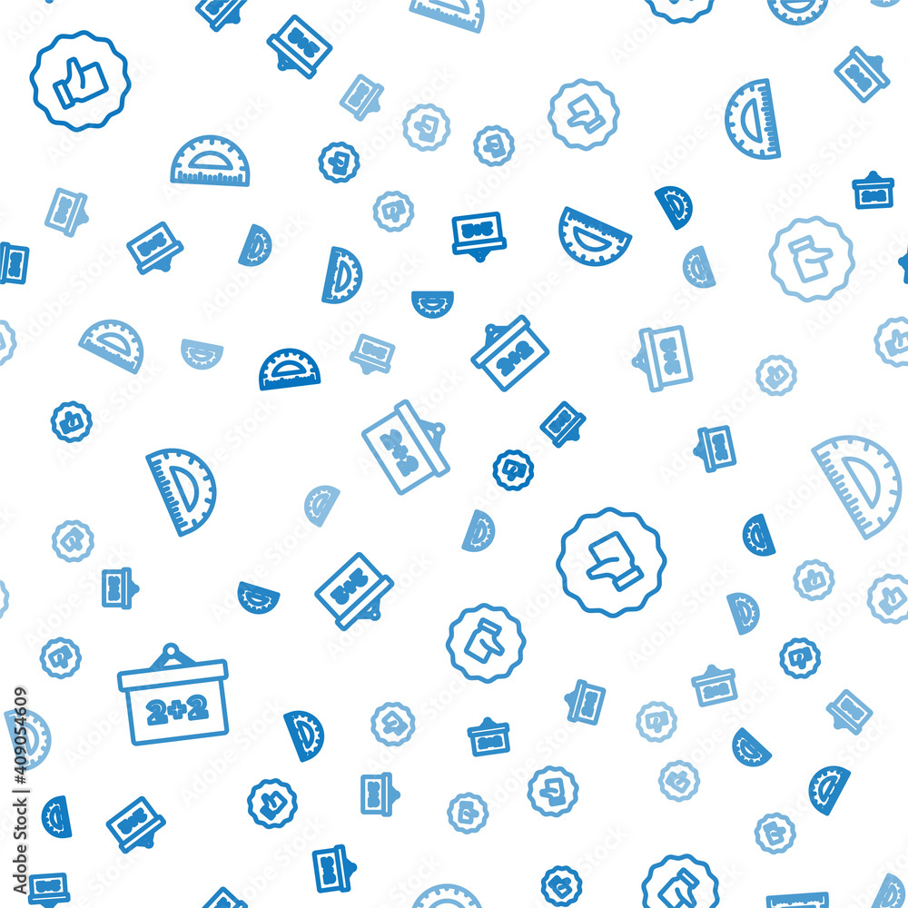 Poster set line chalkboard, hand thumb up and protractor on seamless pattern. vector.