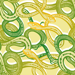 Vector illustration, snakes, seamless pattern, light yellow background, Handmade