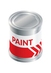 Isometric vector illustration red paint bucket isolated on white background. Realistic paint can icon in flat cartoon style. Tin bucket with red paint for renovation. Construction material.