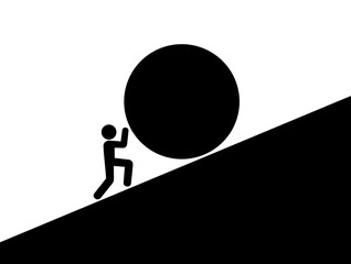 Sisyphean task - Sisyphus is pushing and rolling a big heavy ball and boulder upwards the steep hillside of hill. Monochrome black and white vector illustration.