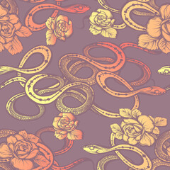 Vector illustration, snakes and flowers, Handmade, seamless pattern, violet background