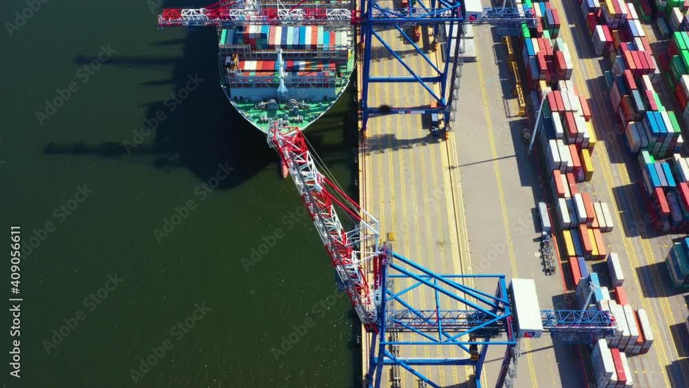 Poster container ship loading at port with crane, container ship carrying container import and export busin