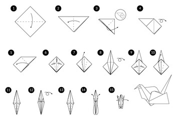 Tutorial how to make origami crane. Step by step instructions. Bird from paper without scissors. - obrazy, fototapety, plakaty