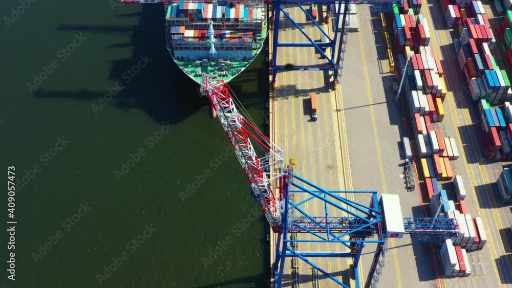 Poster container ship loading at port with crane, container ship carrying container import and export busin