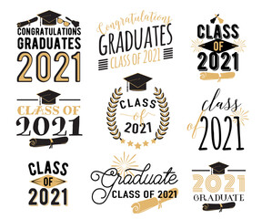 Congratulation graduation wishes overlays, lettering labels design set. Retro graduate class of 2021 badges. Hand drawn emblem with sunburst, hat, diploma, bell. Isolated on white background