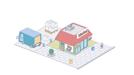 Vector isometric icon or infographic element representing supermarket building with parking lot, advertising signs and supermarket carts.