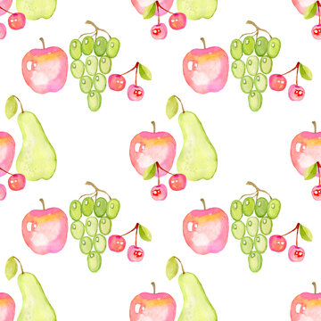 Children's drawing: still life of grapes, viburnum, pears, flowers and leaves. Watercolor painting. seamless pattern