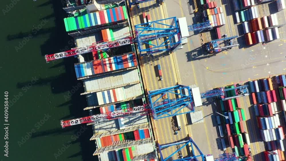 Poster container ship loading at port with crane, container ship carrying container import and export busin