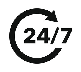 24/7 service icon. Customer service. Support sign. 
Round-the-clock work of the store.