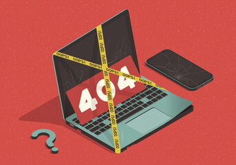 Isometric concept on the theme of 404 error with laptop