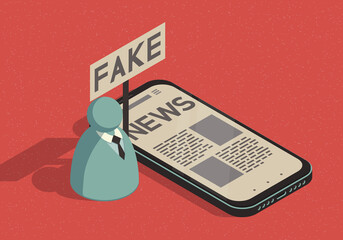 Isometric illustration on the theme of fake news with smartphone and abstract man