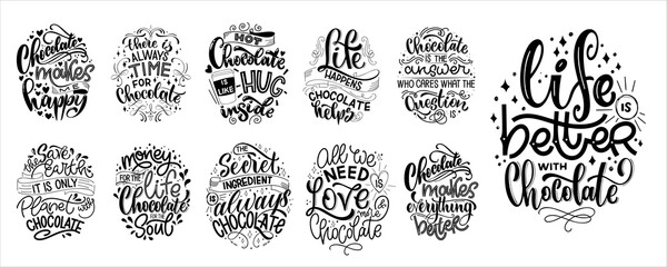 Chocolate hand lettering quotes set. Warm winter word composition. Vector design elements for t-shirts, bags, posters, cards, stickers and menu