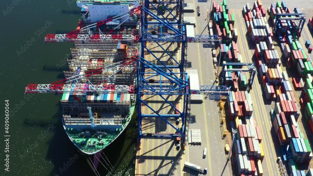 Poster container ship from sea port working for delivery containers shipment and container warehouse backgr
