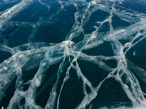 Network of cracks in thick solid layer of ice of a frozen Baikal lake in Siberia (Russia) © Konstantin Belov