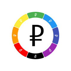 A large black ruble symbol in the center, surrounded by eight white symbols on a colored background. Background of seven rainbow colors and black. Vector illustration on white background