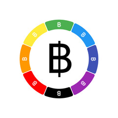 A large black thai baht symbol in the center, surrounded by eight white symbols on a colored background. Background of seven rainbow colors and black. Vector illustration on white background