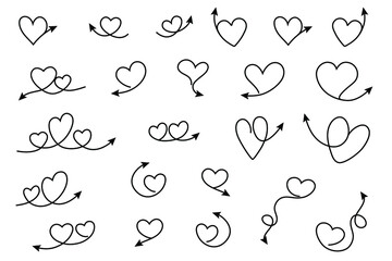 Vector arrows. Hand drawn black hearts. Big set of doodle heart frame with arrows for decoration, banners, festive postcards design, icons, packages, wallpapers, stickers and print