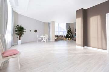 Luxury rich expensive apartment interior in light colors. Stylish contemporary minimalistic design. Full of sun light. A lot of space decorated with Christmas tree
