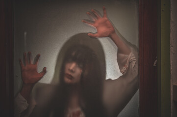 Silhouette Portrait asian woman make up ghost,Scary horror scene for background,Halloween festival...