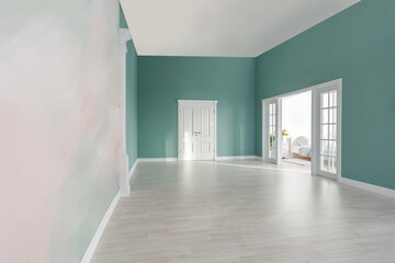Luxurious and expensive interior of an open-plan apartment in light colors. Stylish modern bedroom with minimal design, dining area and guest space.