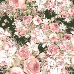 Obraz na płótnie Canvas Seamless pattern bouquet of roses and a lil