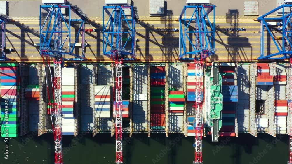 Poster container ship from sea port working for delivery containers shipment and container warehouse backgr