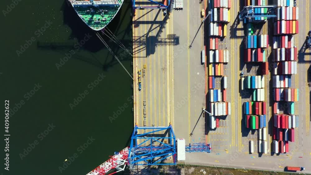 Poster container ship from sea port working for delivery containers shipment and container warehouse backgr