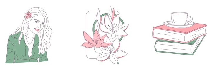 Elegant color line icons - smiling woman face, books and cup of tea or coffee, beautiful lilies