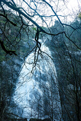 Cascada al fondo en medio del bosque durante el frío invierno