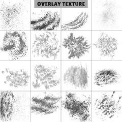 Grunge overlay texture set. Dirty paint, ink brush strokes. Grunge texture isolated on white background. Overlays. Artistic design elements for banners, posters, social media posts, web internet ads..