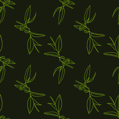 Vector seamless pattern with light green leaves on a dark green background. Cute texture for packaging paper, textiles, wallpaper and bed linen.