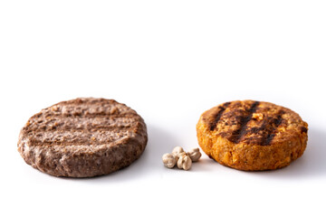 Beef burger and chickpea burger isolated on white background