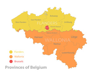 Belgium map, Provinces of Belgium, separates regions and names, color map isolated on white background vector